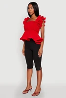 Womens Ruffle Sleeve Plisse Peplum Top, Red, Size XL