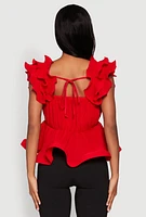 Womens Ruffle Sleeve Plisse Peplum Top, Red, Size XL