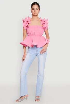 Womens Ruffle Sleeve Plisse Peplum Top,