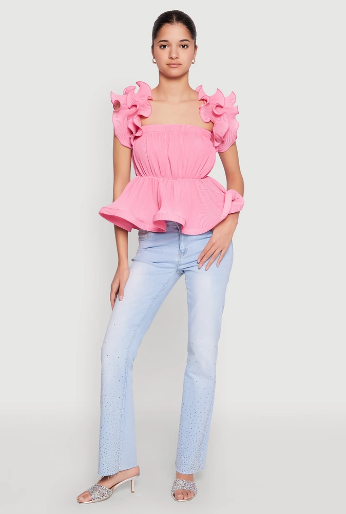 Womens Ruffle Sleeve Plisse Peplum Top, Pink, Size L