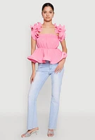 Womens Ruffle Sleeve Plisse Peplum Top, Pink, Size L