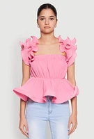 Womens Ruffle Sleeve Plisse Peplum Top, Pink, Size L