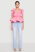 Womens Ruffle Sleeve Plisse Peplum Top, Pink, Size L