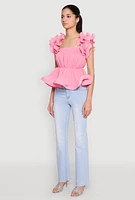Womens Ruffle Sleeve Plisse Peplum Top, Pink, Size L