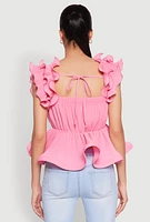 Womens Ruffle Sleeve Plisse Peplum Top, Pink, Size L