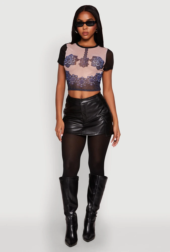 Womens Graphic Print Mesh Top, Multi, Size S
