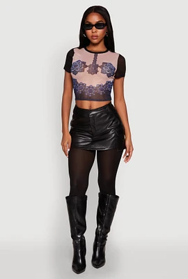 Womens Graphic Print Mesh Top, Multi, Size S