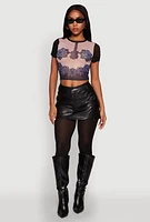 Womens Graphic Print Mesh Top, Multi, Size S