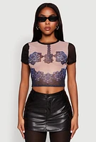 Womens Graphic Print Mesh Top, Multi, Size S