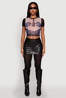 Womens Graphic Print Mesh Top, Multi, Size S