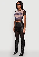 Womens Graphic Print Mesh Top, Multi, Size S