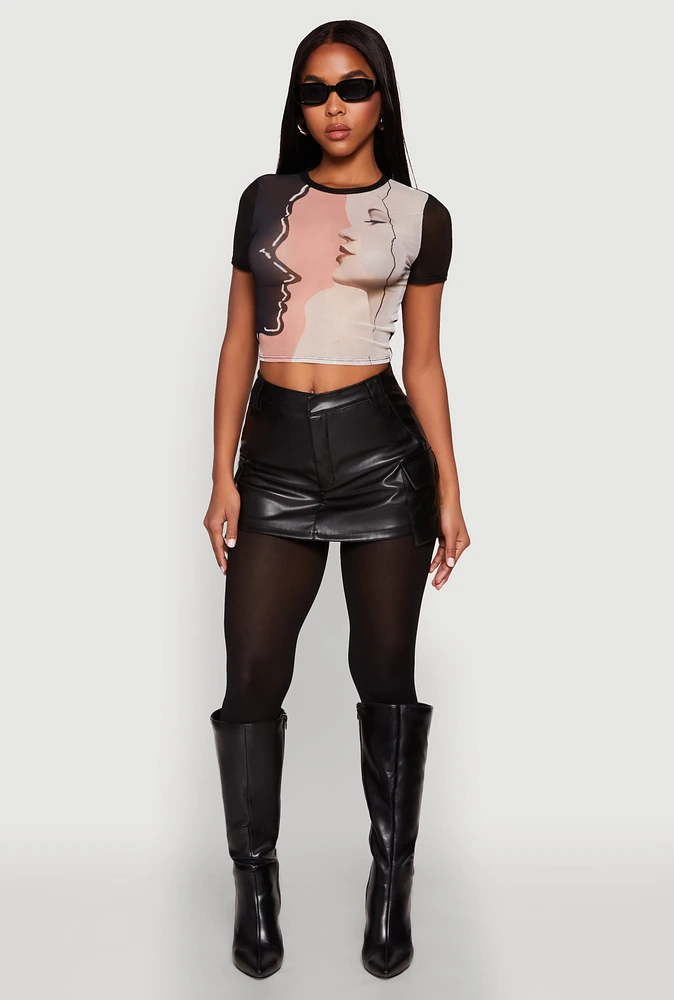Womens Face Graphic Print Mesh Crop Top, Multi, Size S