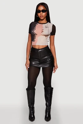 Womens Face Graphic Print Mesh Crop Top, Multi, Size S