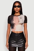 Womens Face Graphic Print Mesh Crop Top, Multi, Size S
