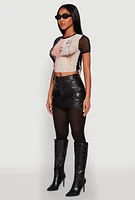 Womens Face Graphic Print Mesh Crop Top, Multi, Size S