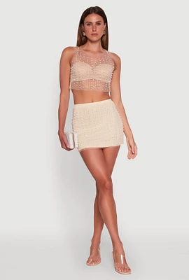 Womens Chic Faux Pearls and Rhinestone Sleeveless Mesh Top, Beige, Size M