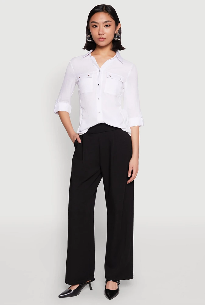 Womens Tabbed Sleeve Button Front Shirt, White, Size XL
