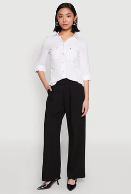 Womens Tabbed Sleeve Button Front Shirt, White, Size XL