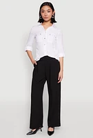 Womens Tabbed Sleeve Button Front Shirt, White, Size XL