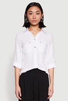 Womens Tabbed Sleeve Button Front Shirt, White, Size M