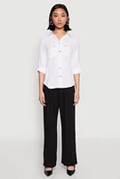 Womens Tabbed Sleeve Button Front Shirt, White, Size M