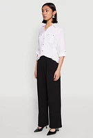 Womens Tabbed Sleeve Button Front Shirt, White, Size XL