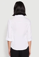 Womens Tabbed Sleeve Button Front Shirt, White, Size XL