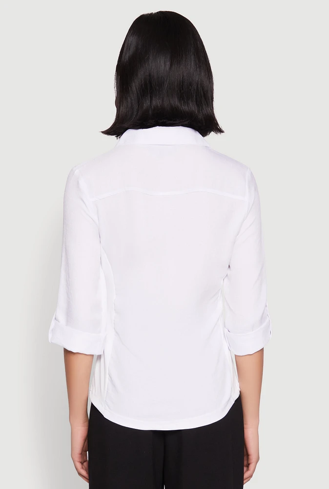 Womens Tabbed Sleeve Button Front Shirt, White, Size M