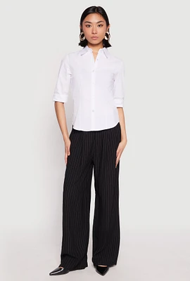 Womens Poplin Quarter Sleeve Button Front Shirt, White, Size M