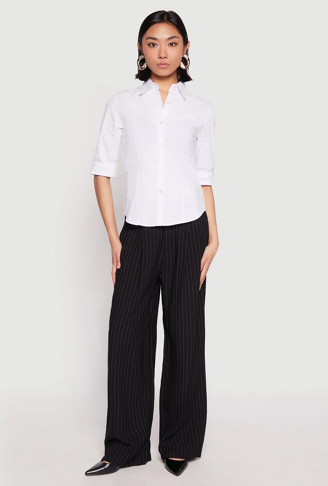 Womens Poplin Quarter Sleeve Button Front Shirt, White, Size M