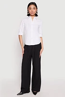 Womens Poplin Quarter Sleeve Button Front Shirt, White, Size M