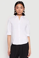 Womens Poplin Quarter Sleeve Button Front Shirt, White, Size S