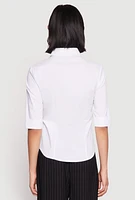 Womens Poplin Quarter Sleeve Button Front Shirt, White, Size M