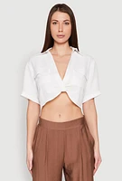 Womens Crepe Knit Plunge Twist Front Shirt, White, Size S