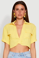 Womens Crepe Knit Plunge Twist Front Shirt, Yellow, Size M