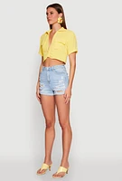 Womens Crepe Knit Plunge Twist Front Shirt, Yellow, Size M
