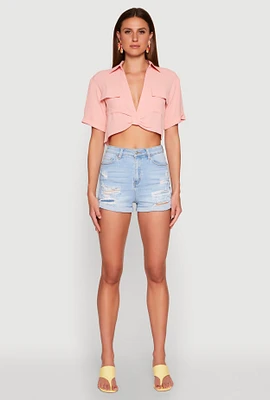 Womens Crepe Knit Plunge Twist Front Shirt, M