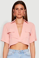 Womens Crepe Knit Plunge Twist Front Shirt, M