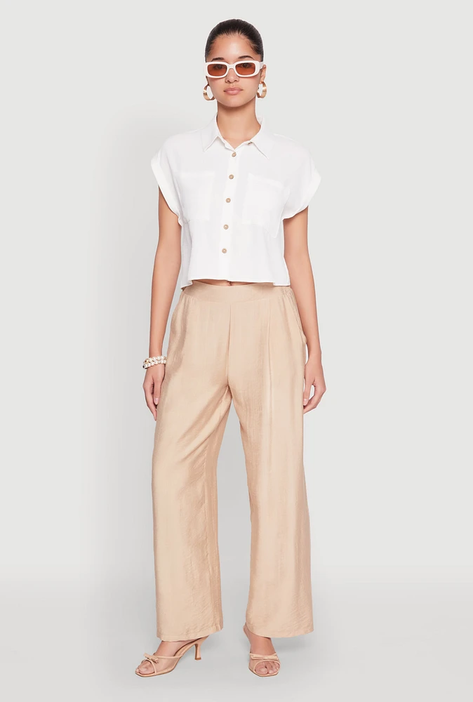 Womens Crepe Knit Cropped Shirt, White, Size L