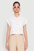Womens Crepe Knit Cropped Shirt, White, Size L