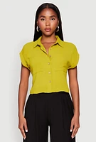 Womens Crepe Knit Cropped Shirt, Green,