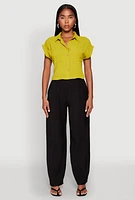 Womens Crepe Knit Cropped Shirt, Green,
