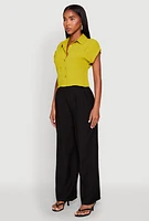 Womens Crepe Knit Cropped Shirt, Green,