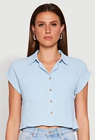 Womens Crepe Knit Cropped Shirt, Blue,