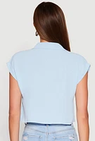 Womens Crepe Knit Cropped Shirt, Blue,