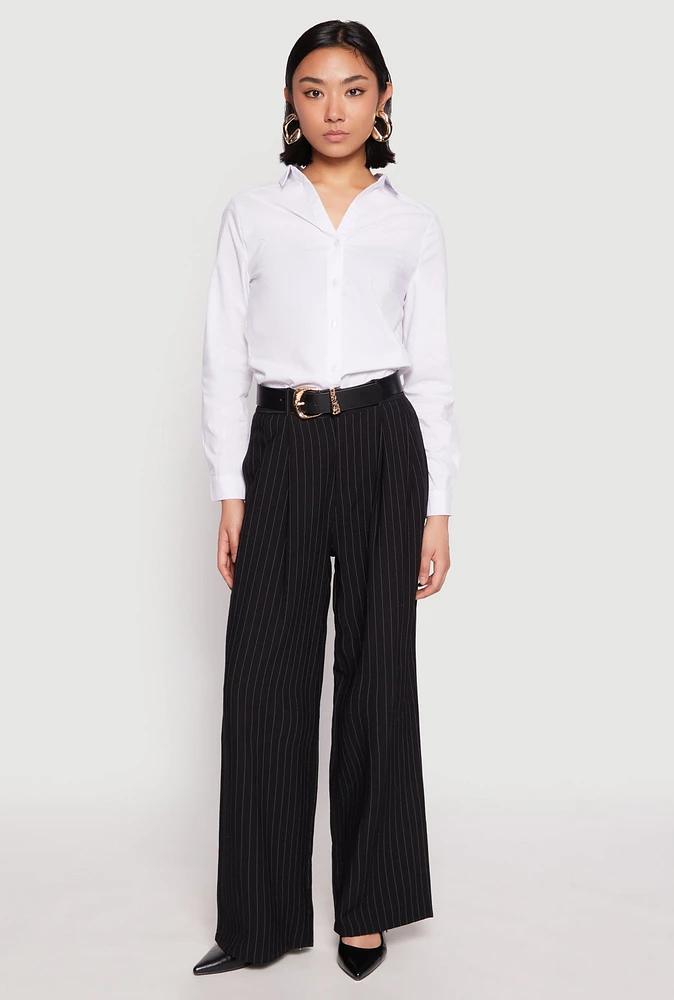 Womens Basic Poplin Button Down Shirt, White, Size L