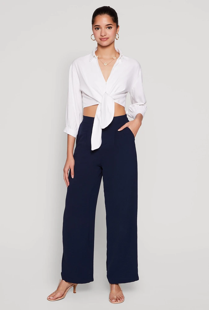Womens Haute Monde Linen Tie Front Crop Top, White, Size M