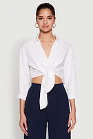 Womens Haute Monde Linen Tie Front Crop Top, White, Size M