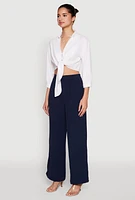 Womens Haute Monde Linen Tie Front Crop Top, White, Size M