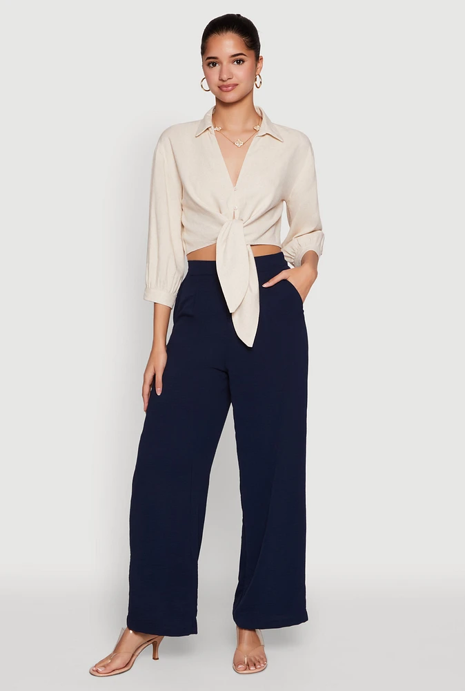 Womens Haute Monde Linen Tie Front Crop Top, Beige, Size S